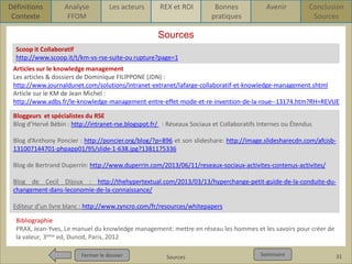 Définitions
Contexte

Analyse
FFOM

Les acteurs

REX et ROI

Bonnes
pratiques

Avenir

Conclusion
Sources

Sources
Scoop it Collaboratif
http://www.scoop.it/t/km-vs-rse-suite-ou rupture?page=1
Articles sur le knowledge management
Les articles & dossiers de Dominique FILIPPONE (JDN) :
http://www.journaldunet.com/solutions/intranet-extranet/lafarge-collaboratif-et-knowledge-management.shtml
Article sur le KM de Jean Michel :
http://www.adbs.fr/le-knowledge-management-entre-effet-mode-et-re-invention-de-la-roue--13174.htm?RH=REVUE
Bloggeurs et spécialistes du RSE
Blog d’Hervé Bébin : http://intranet-rse.blogspot.fr/ : Réseaux Sociaux et Collaboratifs Internes ou Étendus
Blog d’Anthony Poncier : http://poncier.org/blog/?p=896 et son slideshare: http://image.slidesharecdn.com/afcisb131007144701-phpapp01/95/slide-1-638.jpg?1381175336
Blog de Bertrand Duperrin: http://www.duperrin.com/2013/06/11/reseaux-sociaux-activites-contenus-activites/
Blog de Cecil Dijoux : http://thehypertextual.com/2013/03/13/hyperchange-petit-guide-de-la-conduite-duchangement-dans-leconomie-de-la-connaissance/
Editeur d’un livre blanc : http://www.zyncro.com/fr/resources/whitepapers
Bibliographie
PRAX, Jean-Yves, Le manuel du knowledge management: mettre en réseau les hommes et les savoirs pour créer de
la valeur, 3ème ed, Dunod, Paris, 2012
Fermer le dossier
Fermer le dossier

Pour qui Sources
? Pour quoi ? p1

Sommaire
Sommaire

31

 
