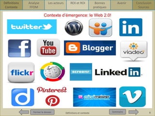 Définitions
Contexte

Analyse
FFOM

Les acteurs

REX et ROI

Bonnes
pratiques

Avenir

Conclusion
Sources

Contexte d’émergence: le Web 2.0!

Fermer le dossier

Définitions et contexte

Sommaire

8

 