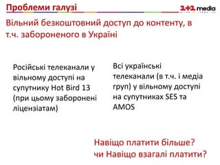Проблеми галузі
Вільний безкоштовний доступ до контенту, в
т.ч. забороненого в Україні
Російські телеканали у
вільному доступі на
супутнику Hot Bird 13
(при цьому заборонені
ліцензіатам)
Всі українські
телеканали (в т.ч. і медіа
груп) у вільному доступі
на супутниках SES та
AMOS
Навіщо платити більше?
чи Навіщо взагалі платити?
 