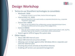 Design Workshop
• Techco to use SharePoint technologies to consolidate:
    – Mediawiki 50GB
         • Corporate content is out of date, hard to find and organize
    – Internal WSS 3.0 50GB
         • Internal SharePoint sites used mostly as corporate directories (e.g., corporate
           “Facebook”-type page).
    – GoLive Sites 100GB
         • Sites set up using WSS2.0 for collaboration among integrated project teams
           working on professional services group (PSG) engagements.
    – Extranet 800GB
         • Sites set up for product release and technical support teams where code, log files,
           and other data can be shared in a controlled, secure environment.
    – Search against 10TB of legacy file system data
• Other inputs
    – About 200-300 internal users
    – About 200 external consumers of data
    – Allowing users to login against either Windows AD or a separate user
      store for external users
    – Emailing documents directly to SharePoint libraries
    – Enabling self-service user password management
 