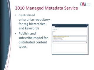 2010 Managed Metadata Service
• Centralized
  enterprise repository
  for tag hierarchies
  and keywords
• Publish and
  subscribe model for
  distributed content
  types
 