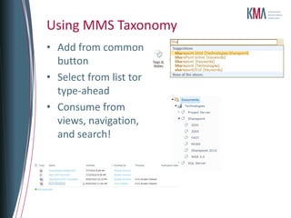 Using MMS Taxonomy
• Add from common
  button
• Select from list tor
  type-ahead
• Consume from
  views, navigation,
  and search!
 