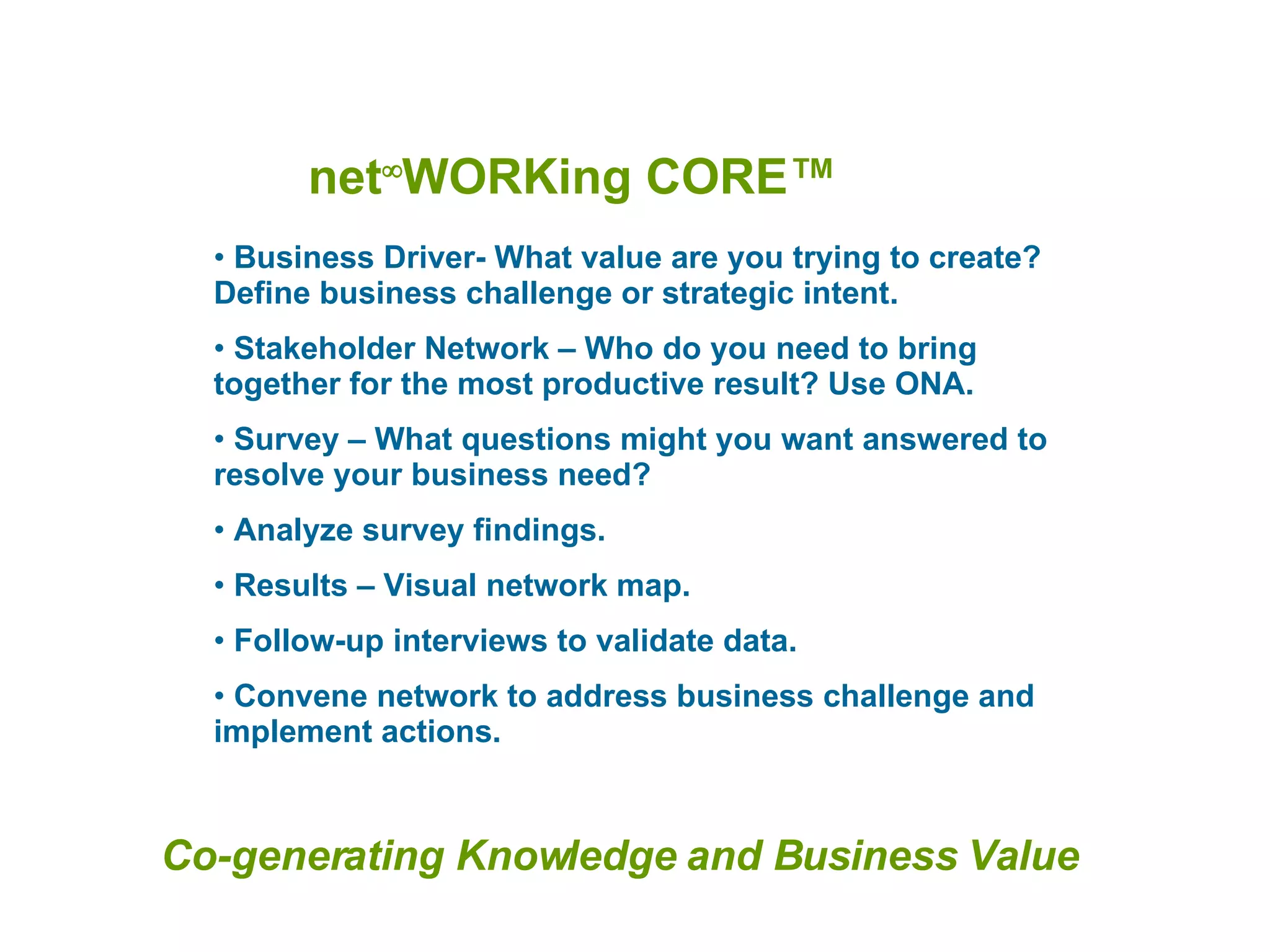 net  WORKing CORE ™ Business Driver- What value are you trying to create? Define business challenge or strategic intent. Stakeholder Network – Who do you need to bring together for the most productive result? Use ONA. Survey – What questions might you want answered to resolve your business need? Analyze survey findings. Results – Visual network map. Follow-up interviews to validate data. Convene network to address business challenge and implement actions. Co-generating Knowledge and Business Value 