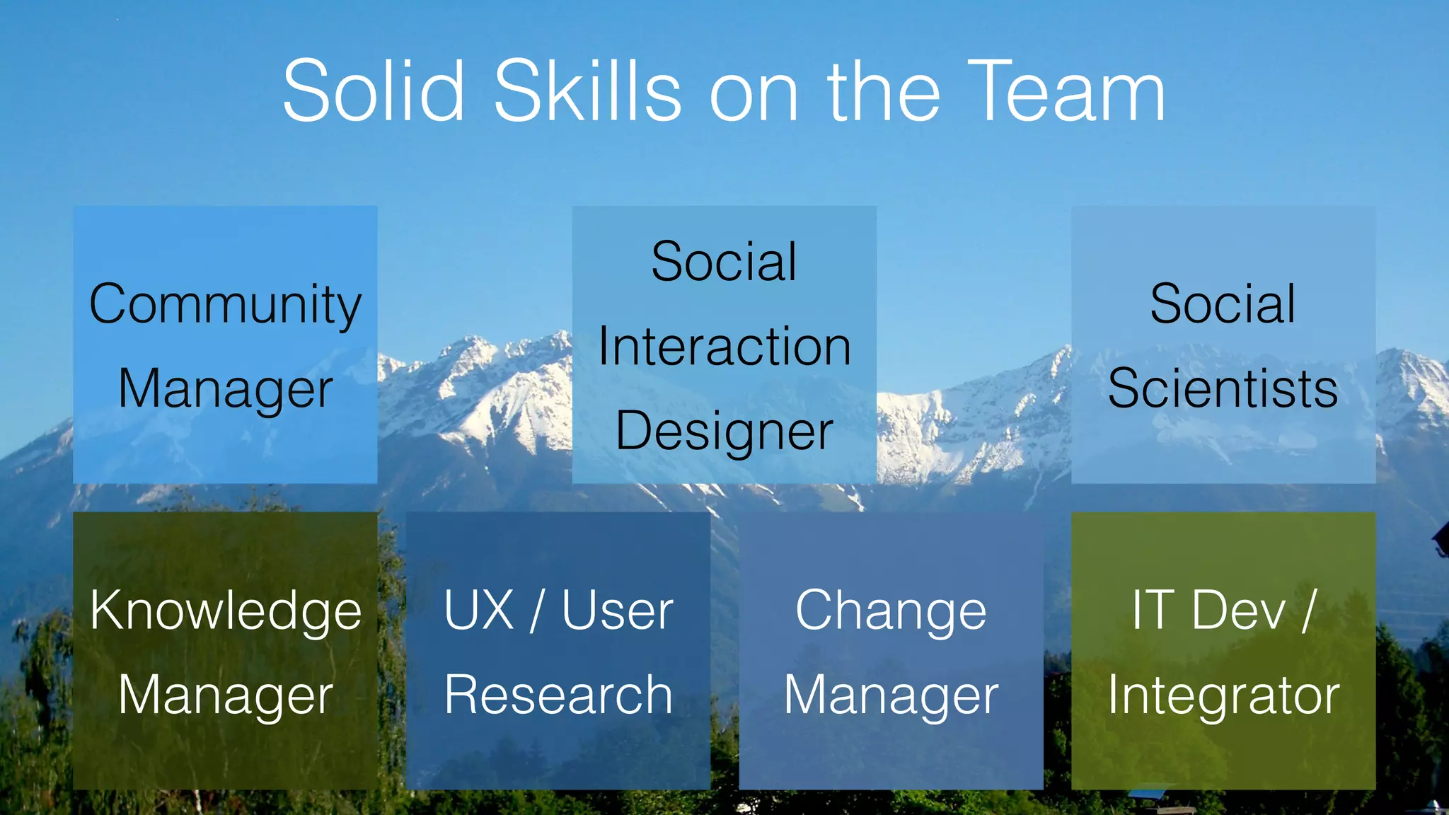 Solid Skills on the Team
Community
Manager
Social
Interaction
Designer
Social
Scientists
Knowledge
Manager
UX / User
Research
IT Dev /
Integrator
Change
Manager
 