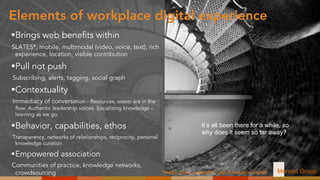 §Brings web benefits within
SLATES*, mobile, multimodal (video, voice, text), rich
experience, location, visible contribution
§Pull not push
Subscribing, alerts, tagging, social graph
§Contextuality
Immediacy of conversation - Resources, assets are in the
flow. Authentic leadership voices. Socializing knowledge –
learning as we go.
§Behavior, capabilities, ethos
Transparency, networks of relationships, reciprocity, personal
knowledge curation
§Empowered association
Communities of practice, knowledge networks,
crowdsourcing
Elements of workplace digital experience
Merced Group*Search, Links, Authorship, Tags, Extensions, Signals
It’s all been there for a while, so
why does it seem so far away?
 