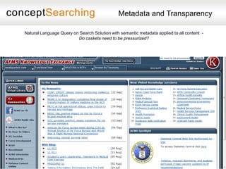 Metadata and Transparency

     Natural Language Query on Search Solution with semantic metadata applied to all content -
                              Do caskets need to be pressurized?




www.conceptsearching.com
 