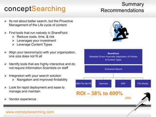 Summary
                                                                              Recommendations
 Its not about better search, but the Proactive
  Management of the Life cycle of content

 Find tools that run natively in SharePoint
     Reduce costs, time, & risk
     Leverages your investment
     Leverage Content Types

 Align your taxonomy(s) with your organization,                                    SharePoint
  one size does not fit all                                        Metadata Driven Automatic Application of Policies
                                                                                  & Content Types

 Identify tools that are highly interactive and do
  not require Information Scientists on staff                                     Enterprise Search


 Integration with your search solution
     Navigation and improved findability
                                                      IBM File Net P8       Opentext               SAP                 File Shares
 Look for rapid deployment and ease to
  manage and maintain
                                                      ROI – 38% to 600%
                                                                                                       (IDC)
 Vendor experience



 www.conceptsearching.com
 