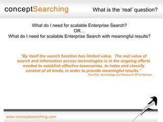 What is the ‘real’ question?

            What do I need for scalable Enterprise Search?
                                 OR…
 What do I need for scalable Enterprise Search with meaningful results?



       “By itself the search function has limited value. The real value of
     search and information access technologies is in the ongoing efforts
        needed to establish effective taxonomies, to index and classify
         content of all kinds, in order to provide meaningful results.”
                                         Tom Eid, Technology and Research VP at Gartner




www.conceptsearching.com
 
