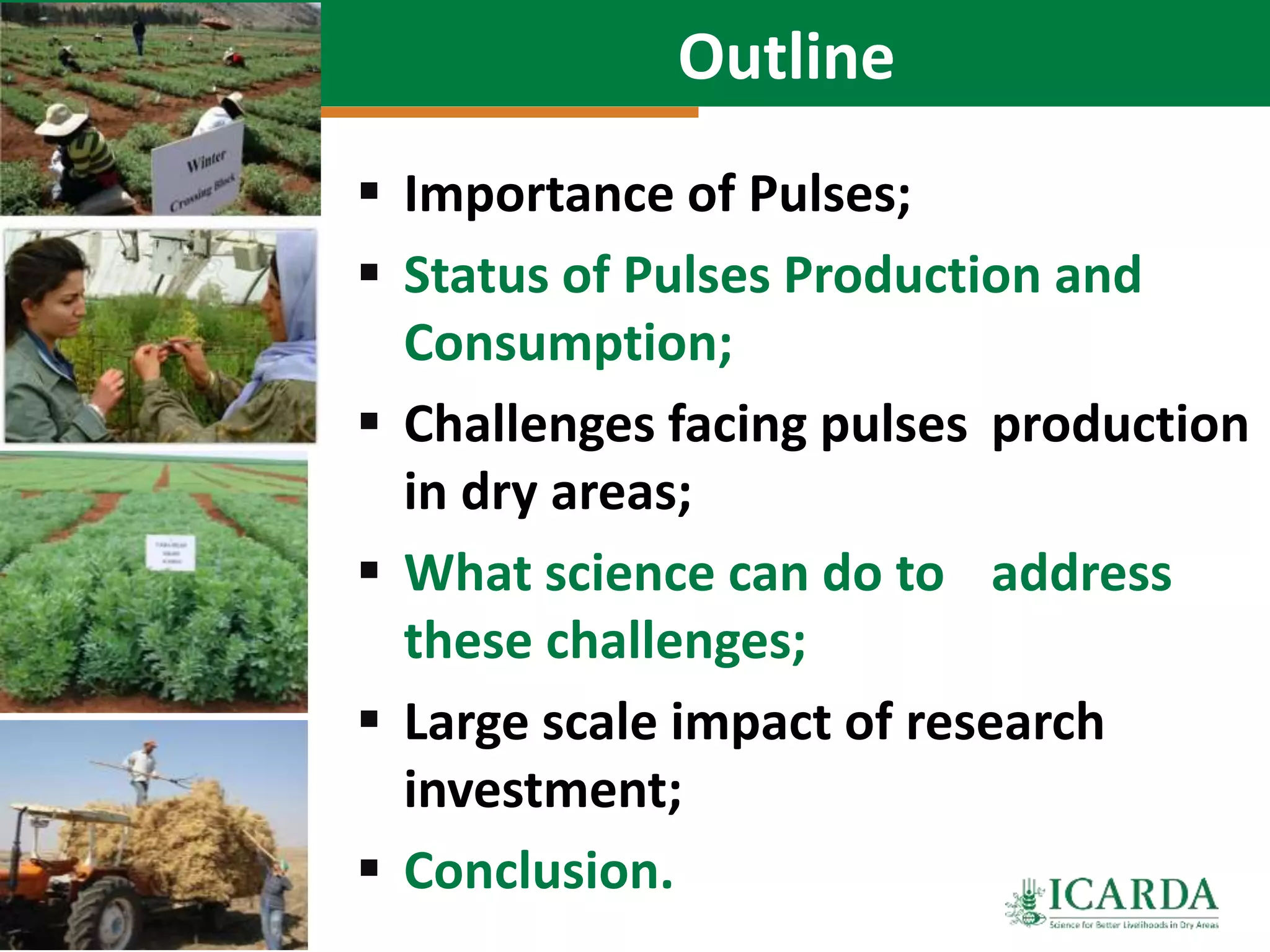 Outline
 Importance of Pulses;
 Status of Pulses Production and
Consumption;
 Challenges facing pulses production
in dry areas;
 What science can do to address
these challenges;
 Large scale impact of research
investment;
 Conclusion.
 