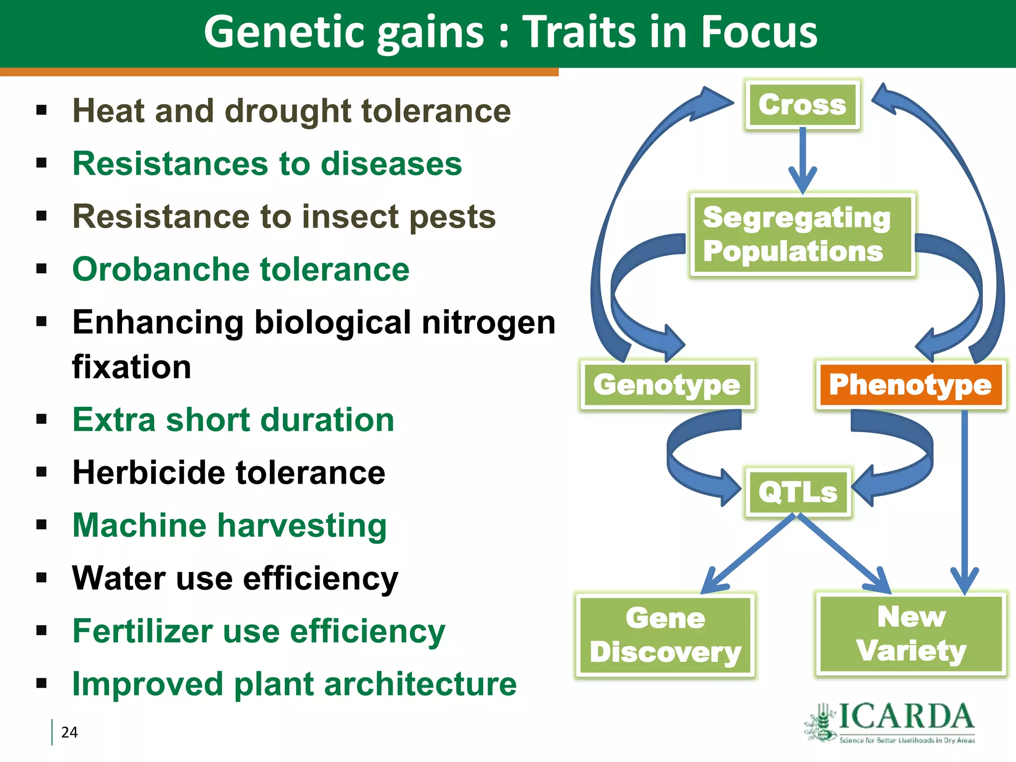24
Genetic gains : Traits in Focus
 Heat and drought tolerance
 Resistances to diseases
 Resistance to insect pests
 Orobanche tolerance
 Enhancing biological nitrogen
fixation
 Extra short duration
 Herbicide tolerance
 Machine harvesting
 Water use efficiency
 Fertilizer use efficiency
 Improved plant architecture
Cross
Segregating
Populations
Genotype Phenotype
QTLs
Gene
Discovery
New
Variety
 