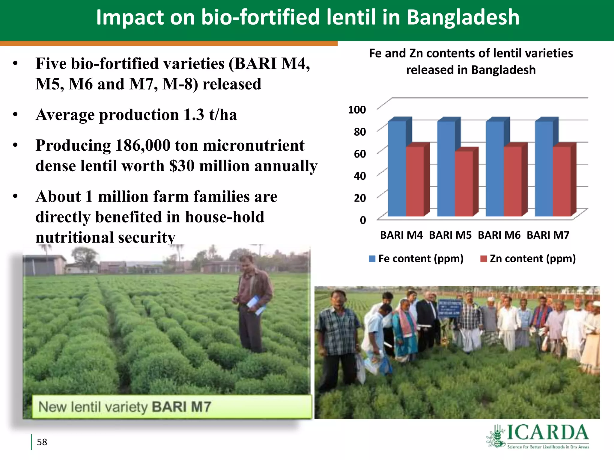 58
Impact on bio-fortified lentil in Bangladesh
0
20
40
60
80
100
BARI M4 BARI M5 BARI M6 BARI M7
Fe and Zn contents of lentil varieties
released in Bangladesh
Fe content (ppm) Zn content (ppm)
• Five bio-fortified varieties (BARI M4,
M5, M6 and M7, M-8) released
• Average production 1.3 t/ha
• Producing 186,000 ton micronutrient
dense lentil worth $30 million annually
• About 1 million farm families are
directly benefited in house-hold
nutritional security
 