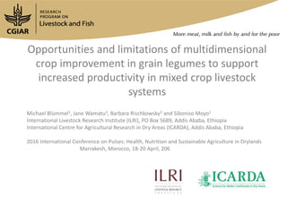 Opportunities and limitations of multidimensional
crop improvement in grain legumes to support
increased productivity in mixed crop livestock
systems
Michael Blümmel1, Jane Wamatu2, Barbara Rischkowsky2 and Siboniso Moyo1
International Livestock Research Institute (ILRI), PO Box 5689, Addis Ababa, Ethiopia
International Centre for Agricultural Research in Dry Areas (ICARDA), Addis Ababa, Ethiopia
2016 International Conference on Pulses: Health, Nutrition and Sustainable Agriculture in Drylands
Marrakesh, Morocco, 18-20 April, 206
 