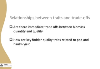 Relationships between traits and trade-offs
 Are there immediate trade offs between biomass
quantity and quality
 How are key fodder quality traits related to pod and
haulm yield
 