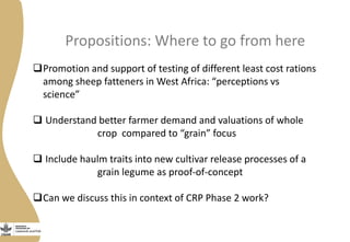 Propositions: Where to go from here
Promotion and support of testing of different least cost rations
among sheep fatteners in West Africa: “perceptions vs
science”
 Understand better farmer demand and valuations of whole
crop compared to “grain” focus
 Include haulm traits into new cultivar release processes of a
grain legume as proof-of-concept
Can we discuss this in context of CRP Phase 2 work?
 