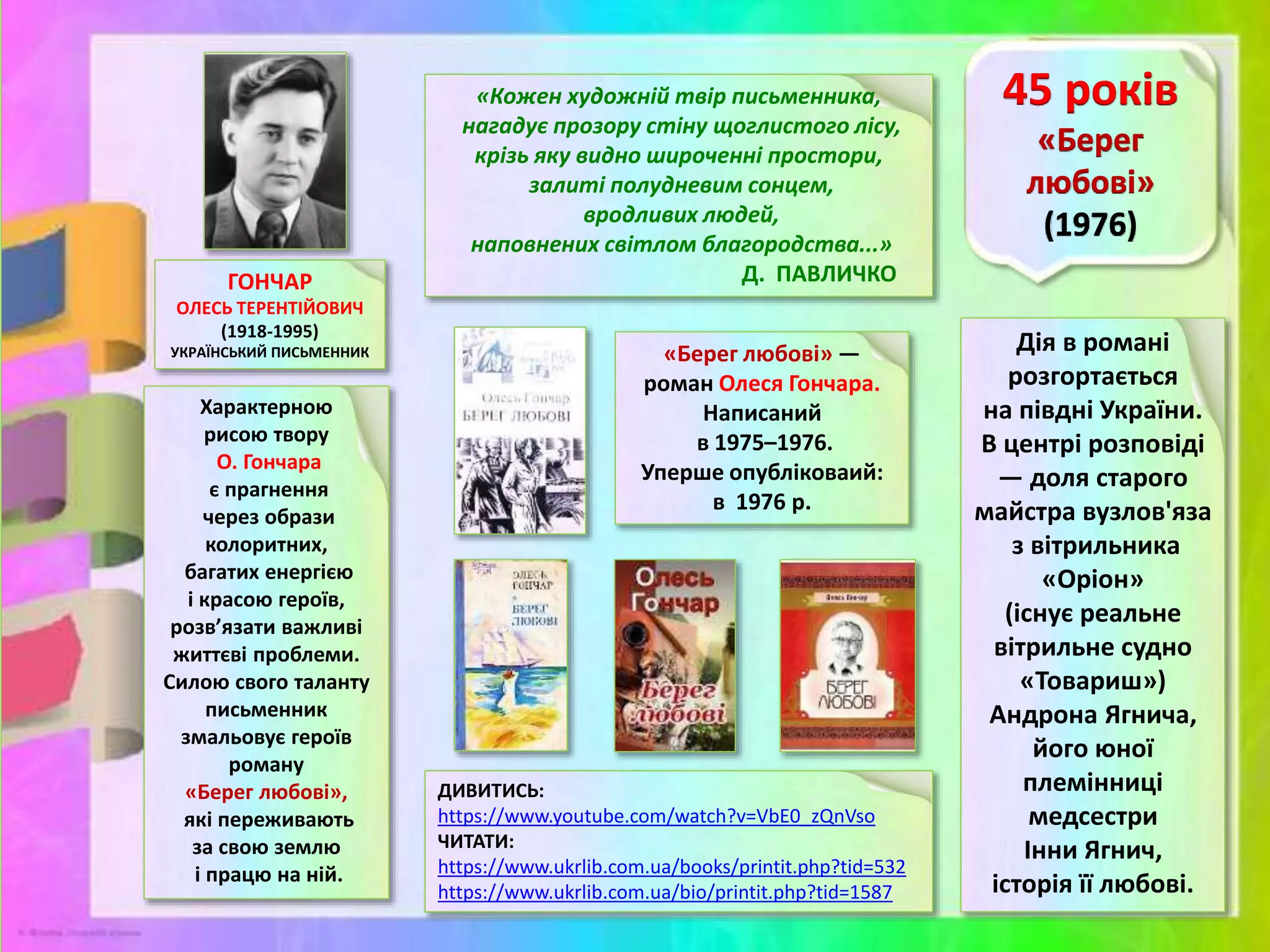 ГОНЧАР
ОЛЕСЬ ТЕРЕНТІЙОВИЧ
(1918-1995)
УКРАЇНСЬКИЙ ПИСЬМЕННИК Дія в романі
розгортається
на півдні України.
В центрі розповіді
— доля старого
майстра вузлов'яза
з вітрильника
«Оріон»
(існує реальне
вітрильне судно
«Товариш»)
Андрона Ягнича,
його юної
племінниці
медсестри
Інни Ягнич,
історія її любові.
ДИВИТИСЬ:
https://www.youtube.com/watch?v=VbE0_zQnVso
ЧИТАТИ:
https://www.ukrlib.com.ua/books/printit.php?tid=532
https://www.ukrlib.com.ua/bio/printit.php?tid=1587
Характерною
рисою твору
О. Гончара
є прагнення
через образи
колоритних,
багатих енергією
і красою героїв,
розв’язати важливі
життєві проблеми.
Силою свого таланту
письменник
змальовує героїв
роману
«Берег любові»,
які переживають
за свою землю
і працю на ній.
«Кожен художній твір письменника,
нагадує прозору стіну щоглистого лісу,
крізь яку видно широченні простори,
залиті полудневим сонцем,
вродливих людей,
наповнених світлом благородства...»
Д. ПАВЛИЧКО
«Берег любові» —
роман Олеся Гончара.
Написаний
в 1975–1976.
Уперше опубліковаий:
в 1976 р.
 