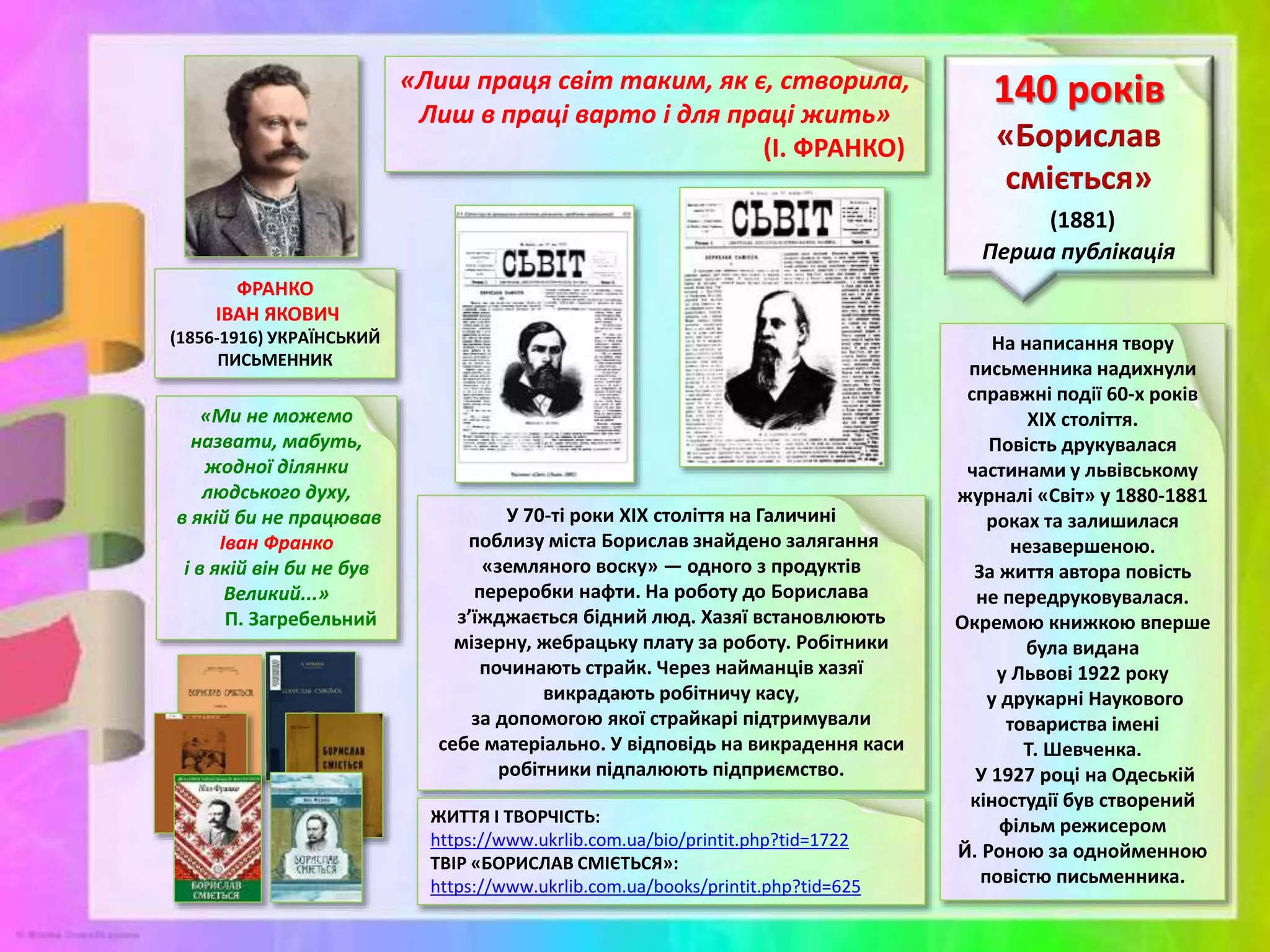 ФРАНКО
ІВАН ЯКОВИЧ
(1856-1916) УКРАЇНСЬКИЙ
ПИСЬМЕННИК
140 років
«Борислав
сміється»
(1881)
Перша публікація
У 70-ті роки XIX століття на Галичині
поблизу міста Борислав знайдено залягання
«земляного воску» — одного з продуктів
переробки нафти. На роботу до Борислава
з’їжджається бідний люд. Хазяї встановлюють
мізерну, жебрацьку плату за роботу. Робітники
починають страйк. Через найманців хазяї
викрадають робітничу касу,
за допомогою якої страйкарі підтримували
себе матеріально. У відповідь на викрадення каси
робітники підпалюють підприємство.
«Лиш праця світ таким, як є, створила,
Лиш в праці варто і для праці жить»
(І. ФРАНКО)
На написання твору
письменника надихнули
справжні події 60-х років
ХІХ століття.
Повість друкувалася
частинами у львівському
журналі «Світ» у 1880-1881
роках та залишилася
незавершеною.
За життя автора повість
не передруковувалася.
Окремою книжкою вперше
була видана
у Львові 1922 року
у друкарні Наукового
товариства імені
Т. Шевченка.
У 1927 році на Одеській
кіностудії був створений
фільм режисером
Й. Роною за однойменною
повістю письменника.
ЖИТТЯ І ТВОРЧІСТЬ:
https://www.ukrlib.com.ua/bio/printit.php?tid=1722
ТВІР «БОРИСЛАВ СМІЄТЬСЯ»:
https://www.ukrlib.com.ua/books/printit.php?tid=625
«Ми не можемо
назвати, мабуть,
жодної ділянки
людського духу,
в якій би не працював
Іван Франко
і в якій він би не був
Великий...»
П. Загребельний
 