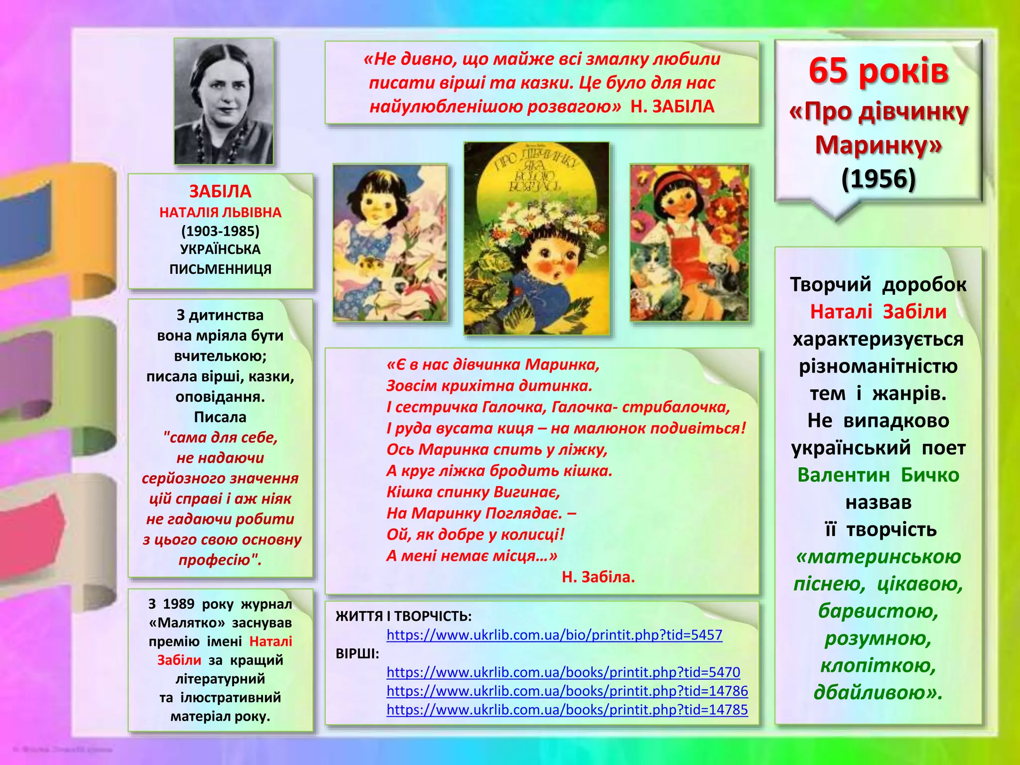 ЗАБІЛА
НАТАЛІЯ ЛЬВІВНА
(1903-1985)
УКРАЇНСЬКА
ПИСЬМЕННИЦЯ
65 років
«Про дівчинку
Маринку»
(1956)
Творчий доробок
Наталі Забіли
характеризується
різноманітністю
тем і жанрів.
Не випадково
український поет
Валентин Бичко
назвав
її творчість
«материнською
піснею, цікавою,
барвистою,
розумною,
клопіткою,
дбайливою».
«Не дивно, що майже всі змалку любили
писати вірші та казки. Це було для нас
найулюбленішою розвагою» Н. ЗАБІЛА
З 1989 року журнал
«Малятко» заснував
премію імені Наталі
Забіли за кращий
літературний
та ілюстративний
матеріал року.
«Є в нас дівчинка Маринка,
Зовсім крихітна дитинка.
І сестричка Галочка, Галочка- стрибалочка,
І руда вусата киця – на малюнок подивіться!
Ось Маринка спить у ліжку,
А круг ліжка бродить кішка.
Кішка спинку Вигинає,
На Маринку Поглядає. –
Ой, як добре у колисці!
А мені немає місця…»
Н. Забіла.
ЖИТТЯ І ТВОРЧІСТЬ:
https://www.ukrlib.com.ua/bio/printit.php?tid=5457
ВІРШІ:
https://www.ukrlib.com.ua/books/printit.php?tid=5470
https://www.ukrlib.com.ua/books/printit.php?tid=14786
https://www.ukrlib.com.ua/books/printit.php?tid=14785
З дитинства
вона мріяла бути
вчителькою;
писала вірші, казки,
оповідання.
Писала
"сама для себе,
не надаючи
серйозного значення
цій справі і аж ніяк
не гадаючи робити
з цього свою основну
професію".
 
