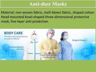 Anti-dust Masks
Material: non-woven fabric, melt-blown fabric, shaped cotton
Head-mounted bowl-shaped three-dimensional protective
mask, five-layer anti-protection
 