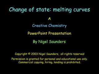 Change of state: melting curvesChange of state: melting curves
A
Creative Chemistry
PowerPoint Presentation
By Nigel Saunders
Copyright © 2003 Nigel Saunders, all rights reserved
Permission is granted for personal and educational use only.
Commercial copying, hiring, lending is prohibited.
 