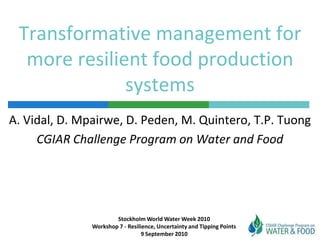 Transformative management for more resilient food production systems A. Vidal, D. Mpairwe, D. Peden, M. Quintero, T.P. Tuong CGIAR Challenge Program on Water and Food Stockholm World Water Week 2010Workshop 7 - Resilience, Uncertainty and Tipping Points 9 September 2010 