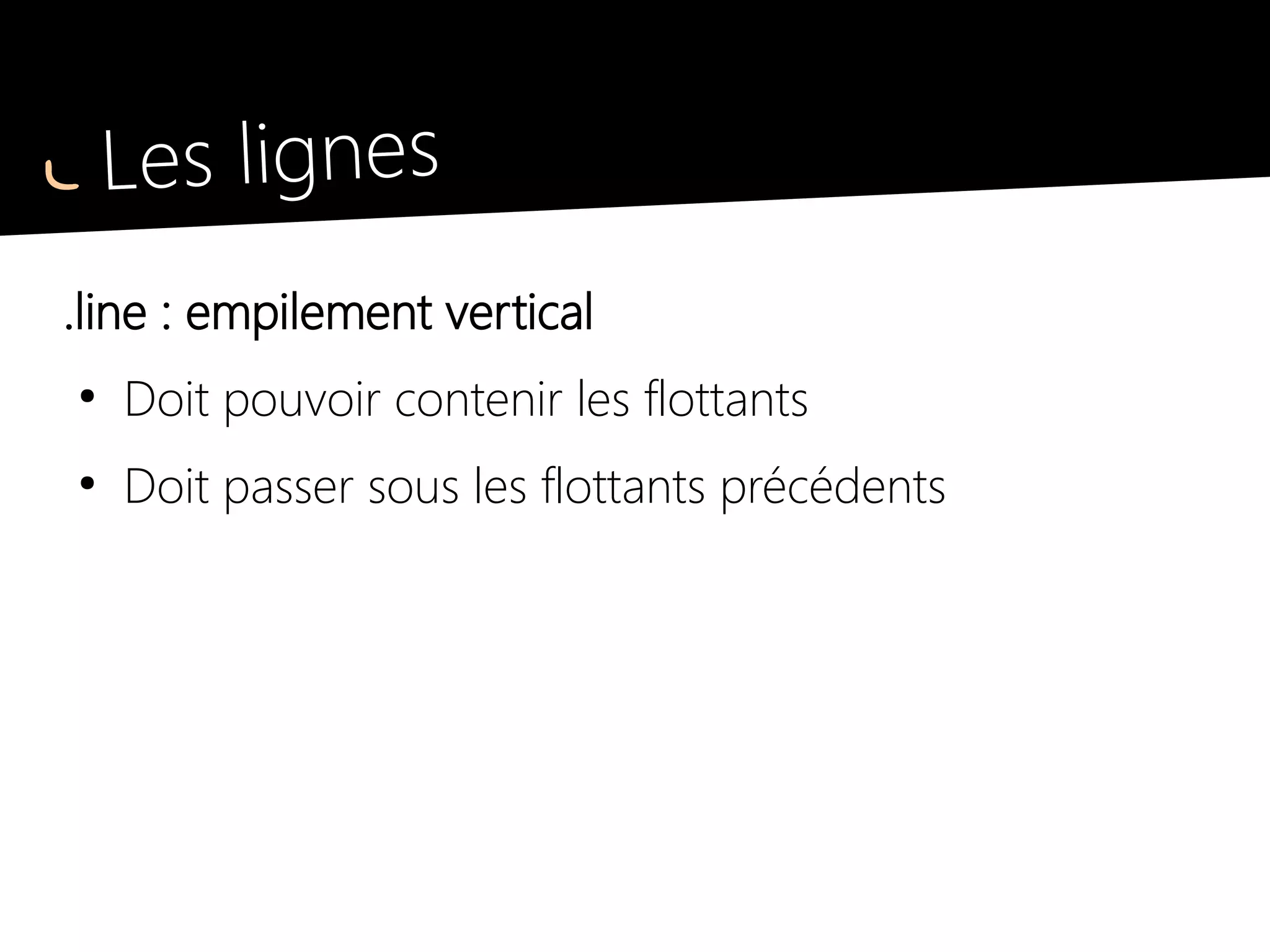 Les lignes
.line : empilement vertical
.line
clear : both
clearfix
float left
 