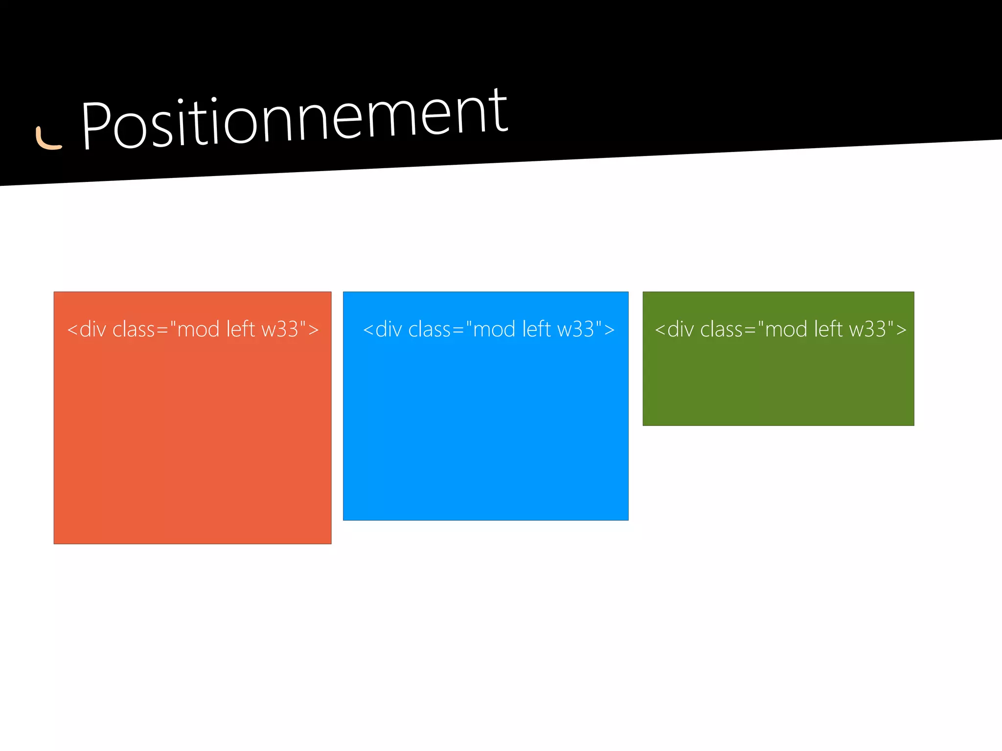 Positionnement
Positionnement alternatif : table
●
.row
désigne une rangée
●
.col
désigne une « colonne »
J'adore !
 