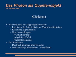 Das Photon als Quantenobjekt von Christoph Haag ,[object Object],[object Object],[object Object],[object Object],[object Object],[object Object],[object Object],[object Object],[object Object],[object Object],[object Object]
