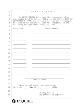 ·1· · · · · · · · · ·E R R A T A· ·P A G E
·2
· · · · · I, KEVIN KNAPP, have read the transcript of my
·3· ·deposition held on May 21, 2024, in the matter TOWN OF
· · ·HAVERHILL V. DTC, and the same is true and correct, to
·4· ·the best of my knowledge, with the exception of the
· · ·following changes noted below, if any:
·5
· · ·Page/Line· · · · · · · · · ·Change/Reason
·6
· · ·____________· · ·___________________________________
·7
· · ·____________· · ·___________________________________
·8
· · ·____________· · ·___________________________________
·9
· · ·____________· · ·___________________________________
10
· · ·____________· · ·___________________________________
11
· · ·____________· · ·___________________________________
12
· · ·____________· · ·___________________________________
13
· · ·____________· · ·___________________________________
14
· · ·____________· · ·___________________________________
15
· · ·____________· · ·___________________________________
16
· · ·____________· · ·___________________________________
17
· · ·____________· · ·___________________________________
18
· · · · · · · · ___________________________________
19· · · · · · · · · · · KEVIN KNAPP
20
· · · · · Sworn to and subscribed before me,
21· ·this the _____ day of ___________, 2024.
22· · · · · · · · · · · · · ·____________________________
· · · · · · · · · · · · · · ·Notary Public
23· · · · · · · · · · · · · ·My commission expires:
KEVIN KNAPP
Town of Haverhill vs Donahue Tucker & Ciandella
May 21, 2024
800.211.DEPO (3376)
EsquireSolutions.com
KEVIN KNAPP
Town of Haverhill vs Donahue Tucker & Ciandella
May 21, 2024
132
800.211.DEPO (3376)
EsquireSolutions.com
 