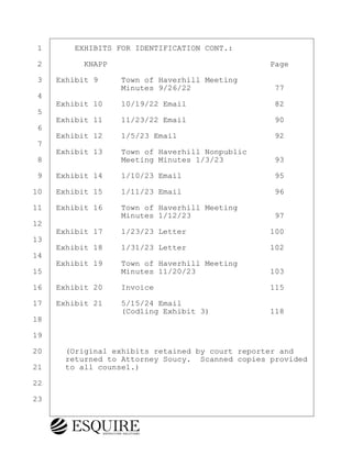·1· · · ·EXHIBITS FOR IDENTIFICATION CONT.:
·2· · · · ·KNAPP· · · · · · · · · · · · · · · · · ·Page
·3· ·Exhibit 9· · ·Town of Haverhill Meeting
· · · · · · · · · ·Minutes 9/26/22· · · · · · · · · 77
·4
· · ·Exhibit 10· · 10/19/22 Email· · · · · · · · · ·82
·5
· · ·Exhibit 11· · 11/23/22 Email· · · · · · · · · ·90
·6
· · ·Exhibit 12· · 1/5/23 Email· · · · · · · · · · ·92
·7
· · ·Exhibit 13· · Town of Haverhill Nonpublic
·8· · · · · · · · ·Meeting Minutes 1/3/23· · · · · ·93
·9· ·Exhibit 14· · 1/10/23 Email· · · · · · · · · · 95
10· ·Exhibit 15· · 1/11/23 Email· · · · · · · · · · 96
11· ·Exhibit 16· · Town of Haverhill Meeting
· · · · · · · · · ·Minutes 1/12/23· · · · · · · · · 97
12
· · ·Exhibit 17· · 1/23/23 Letter· · · · · · · · · 100
13
· · ·Exhibit 18· · 1/31/23 Letter· · · · · · · · · 102
14
· · ·Exhibit 19· · Town of Haverhill Meeting
15· · · · · · · · ·Minutes 11/20/23· · · · · · · · 103
16· ·Exhibit 20· · Invoice· · · · · · · · · · · · ·115
17· ·Exhibit 21· · 5/15/24 Email
· · · · · · · · · ·(Codling Exhibit 3)· · · · · · ·118
18
19
20· · ·(Original exhibits retained by court reporter and
· · · ·returned to Attorney Soucy.· Scanned copies provided
21· · ·to all counsel.)
22
23
KEVIN KNAPP
Town of Haverhill vs Donahue Tucker & Ciandella
May 21, 2024
800.211.DEPO (3376)
EsquireSolutions.com
KEVIN KNAPP
Town of Haverhill vs Donahue Tucker & Ciandella
May 21, 2024
4
800.211.DEPO (3376)
EsquireSolutions.comYVer1f
 