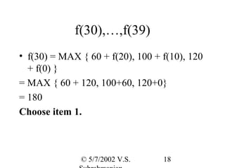 f(30),…,f(39)
• f(30) = MAX { 60 + f(20), 100 + f(10), 120
  + f(0) }
= MAX { 60 + 120, 100+60, 120+0}
= 180
Choose item 1.



              © 5/7/2002 V.S.     18
 