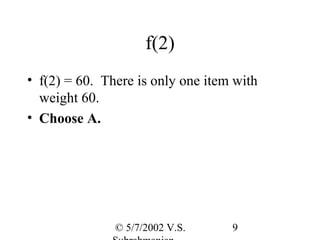 f(2)
• f(2) = 60. There is only one item with
  weight 60.
• Choose A.




               © 5/7/2002 V.S.     9
 