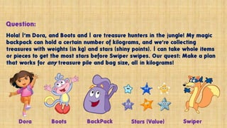 Hola! I’m Dora, and Boots and I are treasure hunters in the jungle! My magic
backpack can hold a certain number of kilograms, and we’re collecting
treasures with weights (in kg) and stars (shiny points). I can take whole items
or pieces to get the most stars before Swiper swipes. Our quest: Make a plan
that works for any treasure pile and bag size, all in kilograms!
Question:
Dora Boots BackPack Stars (Value) Swiper
 