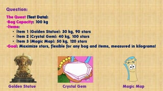 The Quest (Test Data):
•Bag Capacity: 100 kg
•Items:
• Item 1 (Golden Statue): 30 kg, 90 stars
• Item 2 (Crystal Gem): 40 kg, 100 stars
• Item 3 (Magic Map): 50 kg, 120 stars
•Goal: Maximize stars, flexible for any bag and items, measured in kilograms!
Question:
Golden Statue Crystal Gem Magic Map
 
