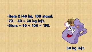 •Item 2 (40 kg, 100 stars):
•70 - 40 = 30 kg left.
•Stars = 90 + 100 = 190.
30 kg left.
 