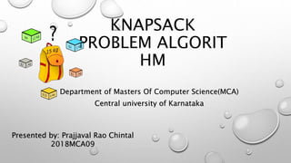 KNAPSACK
PROBLEM ALGORIT
HM
Department of Masters Of Computer Science(MCA)
Central university of Karnataka
Presented by: Prajjaval Rao Chintal
2018MCA09
 