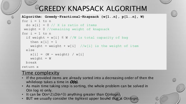 Knapsack problem algorithm, greedy algorithm