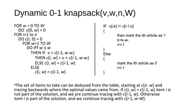 Knapsack problem using dynamic programming