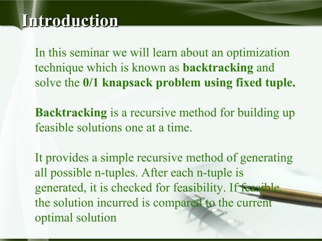 Knapsack problem using fixed tuple | PPT | Programming Languages ...