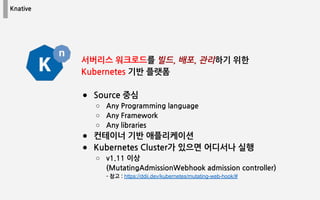 Knative
서버리스 워크로드를 빌드, 배포, 관리하기 위한
Kubernetes 기반 플랫폼
● Source 중심
○ Any Programming language
○ Any Framework
○ Any libraries
● 컨테이너 기반 애플리케이션
● Kubernetes Cluster가 있으면 어디서나 실행
○ v1.11 이상
(MutatingAdmissionWebhook admission controller)
- 참고 : https://ddii.dev/kubernetes/mutating-web-hook/#
 