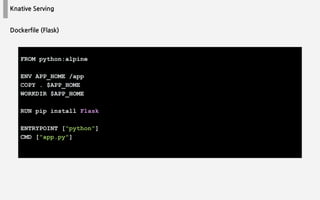 Knative Serving
FROM python:alpine
ENV APP_HOME /app
COPY . $APP_HOME
WORKDIR $APP_HOME
RUN pip install Flask
ENTRYPOINT ["python"]
CMD ["app.py"]
Dockerfile (Flask)
 