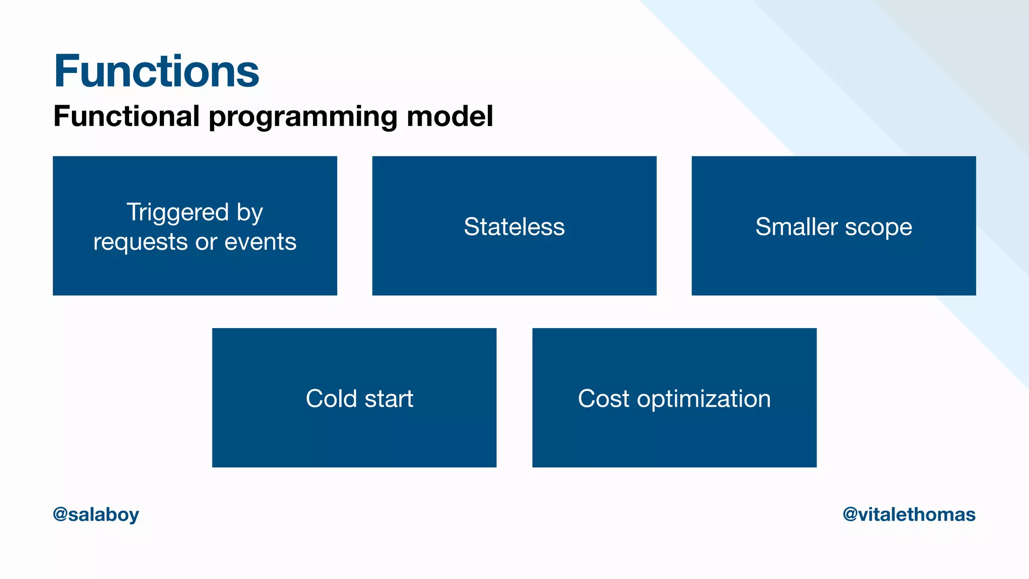 Functions
Functional programming model
Triggered by
requests or events
Stateless Smaller scope
Cold start Cost optimization
@salaboy @vitalethomas
 