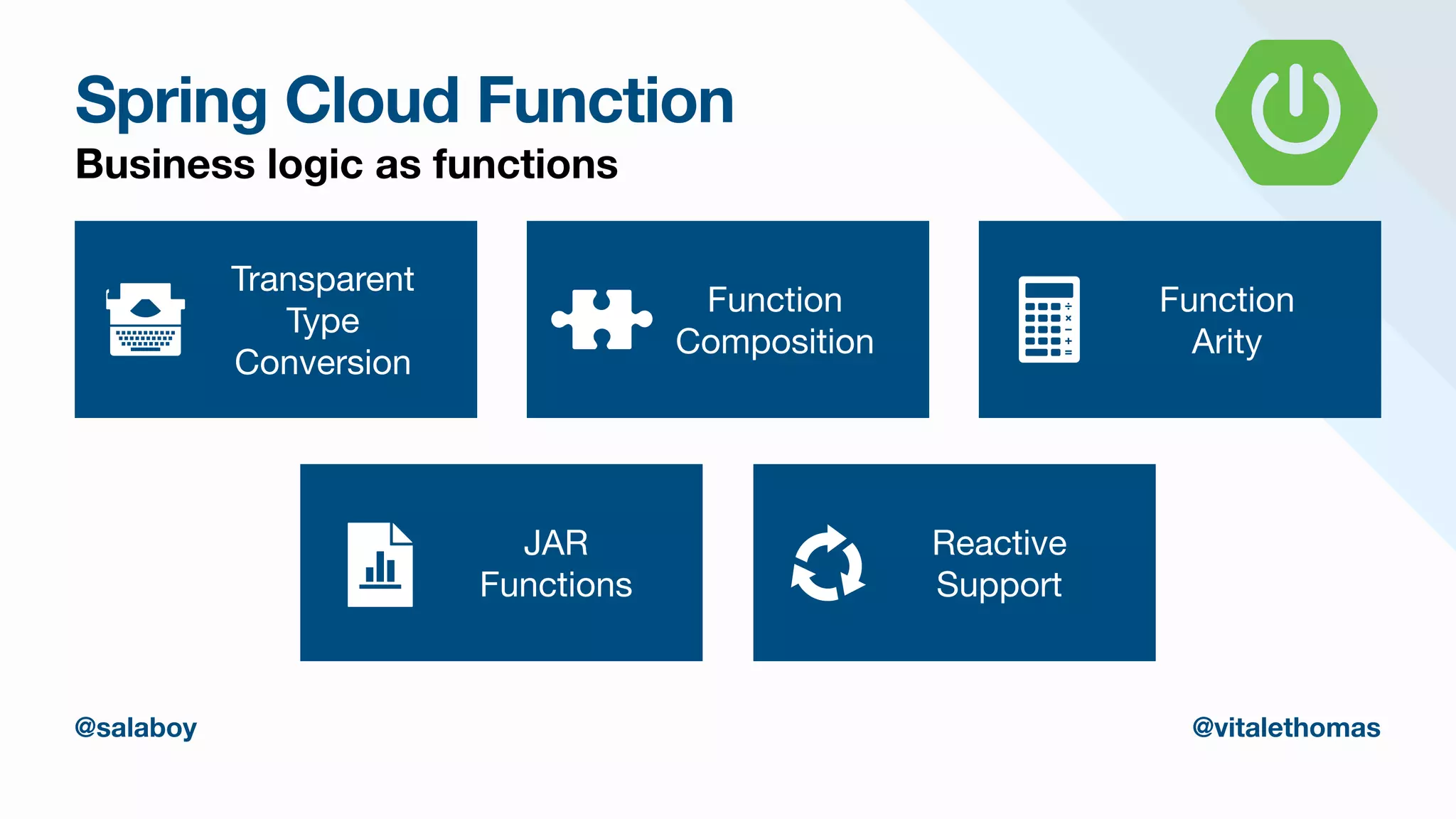 Spring Cloud Function
Business logic as functions
Transparent

Type

Conversion
Function

Arity
Function

Composition
Reactive

Support
JAR

Functions
@salaboy @vitalethomas
 