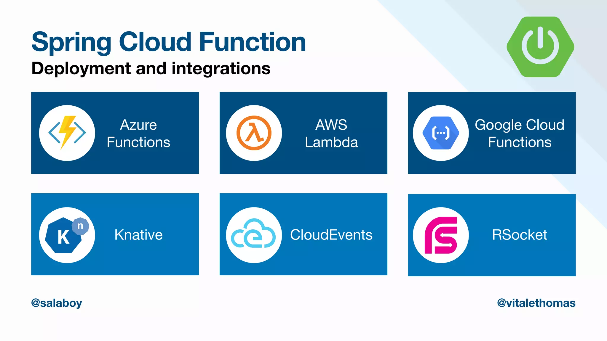 Spring Cloud Function
Deployment and integrations
Knative CloudEvents RSocket
Azure

Functions
Google Cloud
Functions
AWS

Lambda
@salaboy @vitalethomas
 