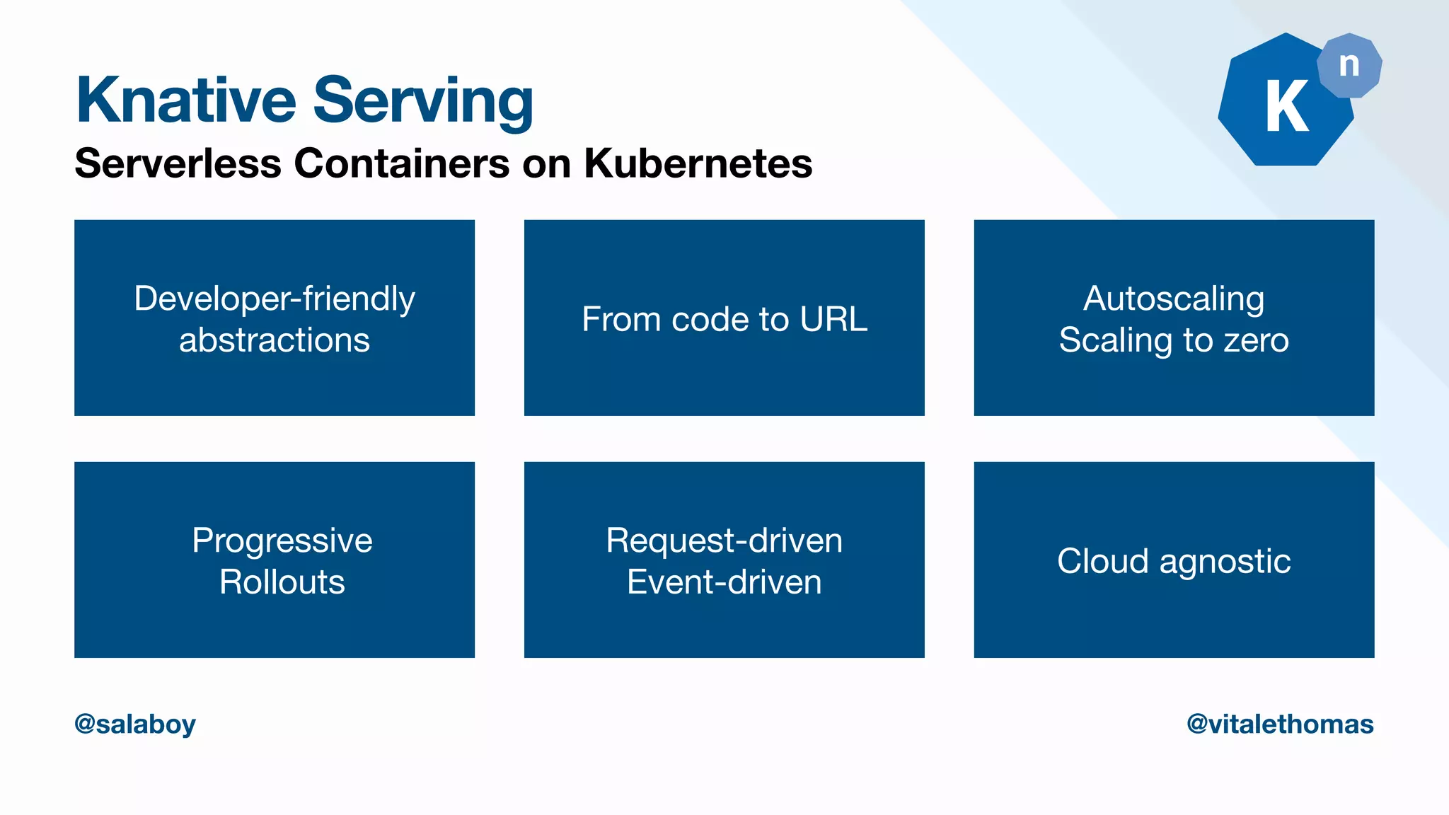 Knative Serving
Serverless Containers on Kubernetes
Developer-friendly

abstractions
From code to URL
Autoscaling

Scaling to zero
Progressive

Rollouts
Request-driven

Event-driven
@salaboy @vitalethomas
Cloud agnostic
 