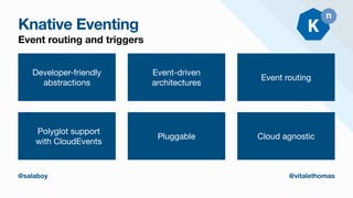 Knative Eventing
Event routing and triggers
Developer-friendly

abstractions
Event-driven
architectures
Event routing
Polyglot support
with CloudEvents
Pluggable
@salaboy @vitalethomas
Cloud agnostic
 