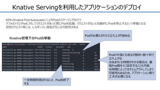 Knative Servingを利用したアプリケーションのデプロイ
Knative管理下のPodの挙動
Podが必要とされたら立ち上がり始める
Podの中身にも依るが数秒~数十秒で
立ち上がる
※あまりにも時間がかかる場合は、最
低Pod数を1に設定することも可能
※時間によってはタイムアウトしてしまう
可能性もあるため、アプリケーション側で
工夫が必要になる
一定時間利用されないと、Podを終了
する
KPA (Knative Pod Autoscaler) によりPodのスケーリングを行う
デフォルトだとPodに対してリクエストがあった際にPodを起動、リクエストがないと自動的にPodを停止するという挙動となる
初回リクエスト時には、レスポンスに遅延が生じる可能性がある
 