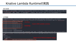 Knative Lambda Runtimeの実践
実行結果
ログ情報
ランタイム
bootstrap
TektonでビルドされたContainer Image
Custom AWS Lambda runtimes
 