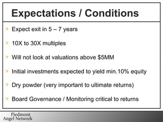 Expect exit in 5 – 7 years 10X to 30X multiples Will not look at valuations above $5MM Initial investments expected to yield min.10% equity Dry powder (very important to ultimate returns) Board Governance / Monitoring critical to returns Expectations / Conditions 