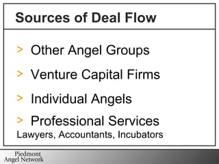 Sources of Deal Flow Other Angel Groups Venture Capital Firms Individual Angels Professional Services  Lawyers, Accountants, Incubators 