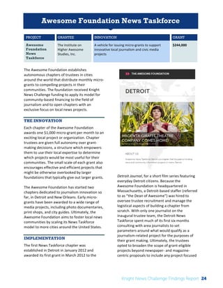 The 
Knight 
News 
Challenge: 
A 
Review 
of 
the 
2011 
Winners 
1 
Awesome Foundation News Taskforce 
PROJECT GRANTEE INNOVATION GRANT 
Awesome 
The 
Institute 
on 
A 
vehicle 
for 
issuing 
micro-­‐grants 
to 
support 
Foundation 
Higher 
Awesome 
innovative 
local 
journalism 
and 
civic 
media 
News 
Studies, 
Inc. 
projects 
Taskforce 
$244,000 
The 
Awesome 
Foundation 
establishes 
autonomous 
chapters 
of 
trustees 
in 
cities 
around 
the 
world 
that 
distribute 
monthly 
micro-­‐ 
grants 
to 
compelling 
projects 
in 
their 
communities. 
The 
foundation 
received 
Knight 
News 
Challenge 
funding 
to 
apply 
its 
model 
for 
community-­‐based 
financing 
to 
the 
field 
of 
journalism 
and 
to 
open 
chapters 
with 
an 
exclusive 
focus 
on 
local 
news 
projects. 
THE INNOVATION 
Each 
chapter 
of 
the 
Awesome 
Foundation 
awards 
one 
$1,000 
micro-­‐grant 
per 
month 
to 
an 
exciting 
local 
project 
or 
organization. 
Chapter 
trustees 
are 
given 
full 
autonomy 
over 
grant-­‐ 
making 
decisions, 
a 
structure 
which 
empowers 
them 
to 
use 
their 
local 
expertise 
to 
determine 
which 
projects 
would 
be 
most 
useful 
for 
their 
communities. 
The 
small 
scale 
of 
each 
grant 
also 
encourages 
effective 
and 
efficient 
projects 
that 
might 
be 
otherwise 
overlooked 
by 
larger 
foundations 
that 
typically 
give 
out 
larger 
grants. 
The 
Awesome 
Foundation 
has 
started 
two 
chapters 
dedicated 
to 
journalism 
innovation 
so 
far, 
in 
Detroit 
and 
New 
Orleans. 
Early 
micro-­‐ 
grants 
have 
been 
awarded 
to 
a 
wide 
range 
of 
media 
projects, 
including 
photo 
documentaries, 
print 
shops, 
and 
city 
guides. 
Ultimately, 
the 
Awesome 
Foundation 
aims 
to 
foster 
local 
news 
communities 
by 
scaling 
its 
News 
Taskforce 
model 
to 
more 
cities 
around 
the 
United 
States. 
IMPLEMENTATION 
The 
first 
News 
Taskforce 
chapter 
was 
established 
in 
Detroit 
in 
January 
2012 
and 
awarded 
its 
first 
grant 
in 
March 
2012 
to 
the 
Detroit 
Journal, 
for 
a 
short 
film 
series 
featuring 
everyday 
Detroit 
citizens. 
Because 
the 
Awesome 
Foundation 
is 
headquartered 
in 
Massachusetts, 
a 
Detroit-­‐based 
staffer 
(referred 
to 
as 
“the 
Dean 
of 
Awesome”) 
was 
hired 
to 
oversee 
trustee 
recruitment 
and 
manage 
the 
logistical 
aspects 
of 
building 
a 
chapter 
from 
scratch. 
With 
only 
one 
journalist 
on 
the 
inaugural 
trustee 
team, 
the 
Detroit 
News 
Taskforce 
spent 
much 
of 
its 
first 
six 
months 
consulting 
with 
area 
journalists 
to 
set 
parameters 
around 
what 
would 
qualify 
as 
a 
journalism-­‐related 
project 
for 
the 
purposes 
of 
their 
grant 
making. 
Ultimately, 
the 
trustees 
opted 
to 
broaden 
the 
scope 
of 
grant-­‐eligible 
projects 
beyond 
newspaper-­‐ 
and 
magazine-­‐ 
centric 
proposals 
to 
include 
any 
project 
focused 
Knight News Challenge Findings Report 24 
 